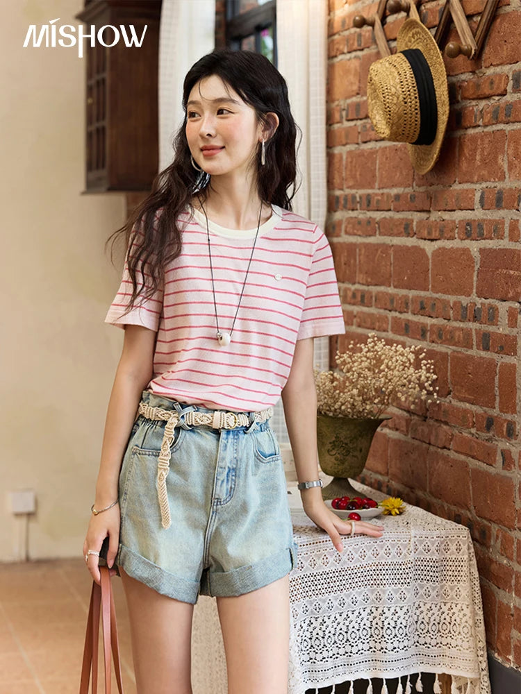 Mishow Retro Light Blue Washed Wide Leg Denim Shorts MXE35K0944