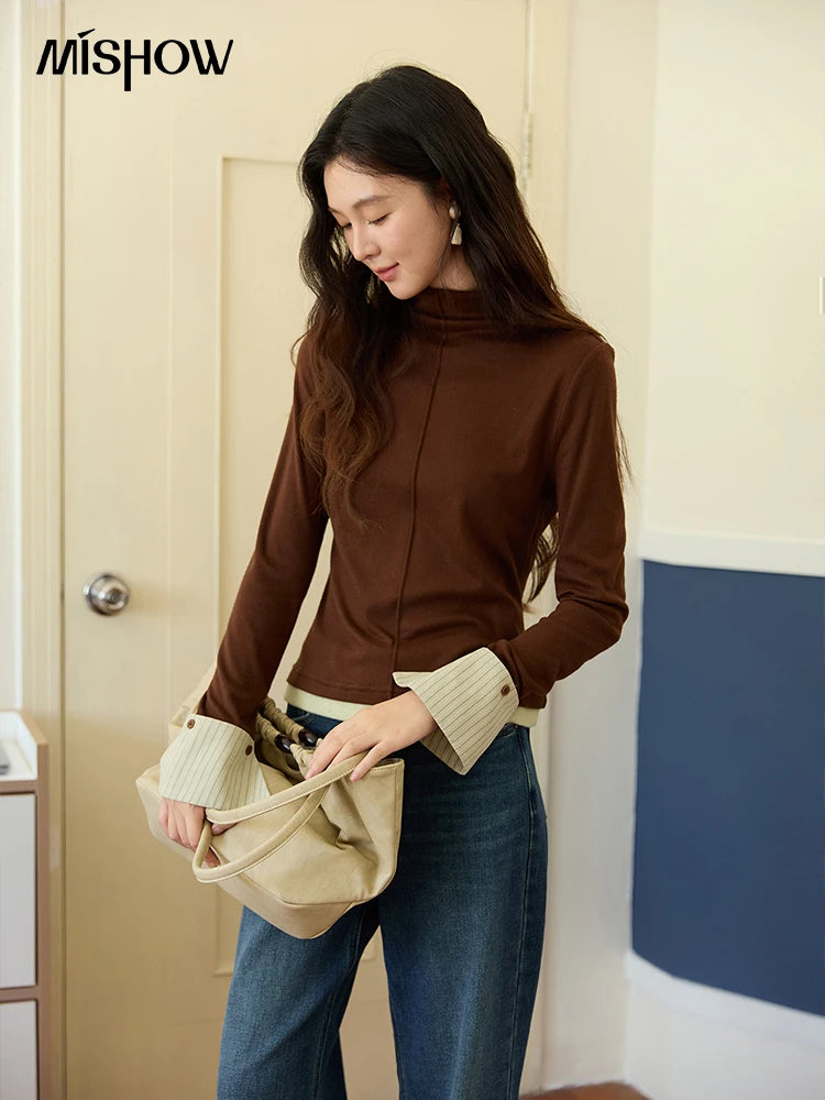 Mishow Apricot Stand Collar Slim Top with Detachable Cuffs MXE49Z2532