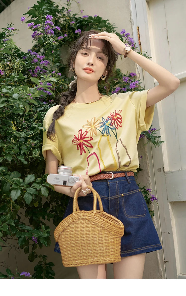 Mishow Embroidered Flower Pocket Wide Leg Denim Shorts MXD26K0707
