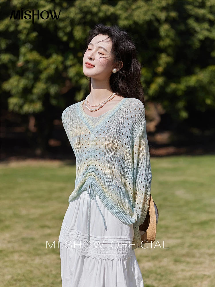 Mishow Gradient Blue Green V-Neck Drawstring Sweater MXE16Z1171