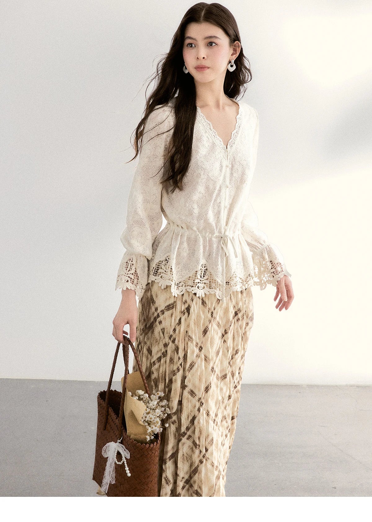 MISHOW Lace V-Neck Blouse Drawstring Waist Ruffled Hem MXF108X0998