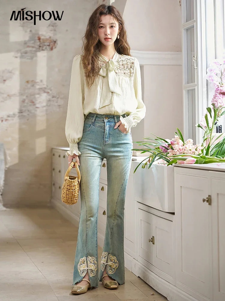 MISHOW Ribbon Collar Shirt Sweet Cuffs Pleated Embroidered Petal Sleeve MXD14C0226