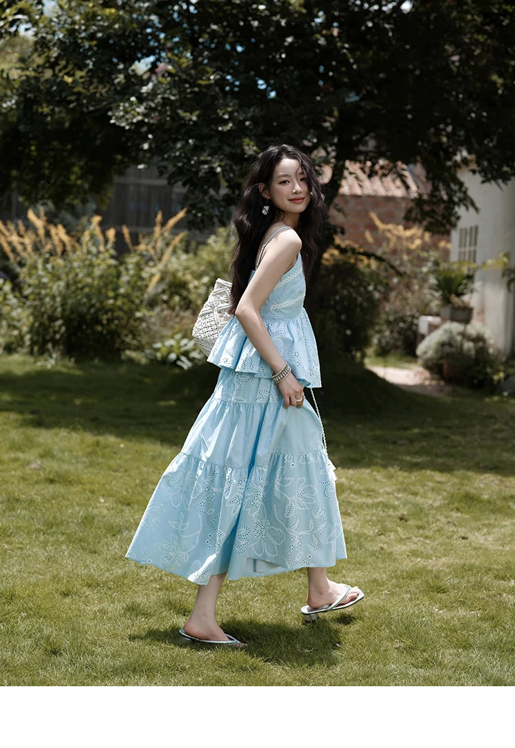 Mishow Strap V-Neck Embroidery Top & Drawstring Skirt Set MXE34T0624