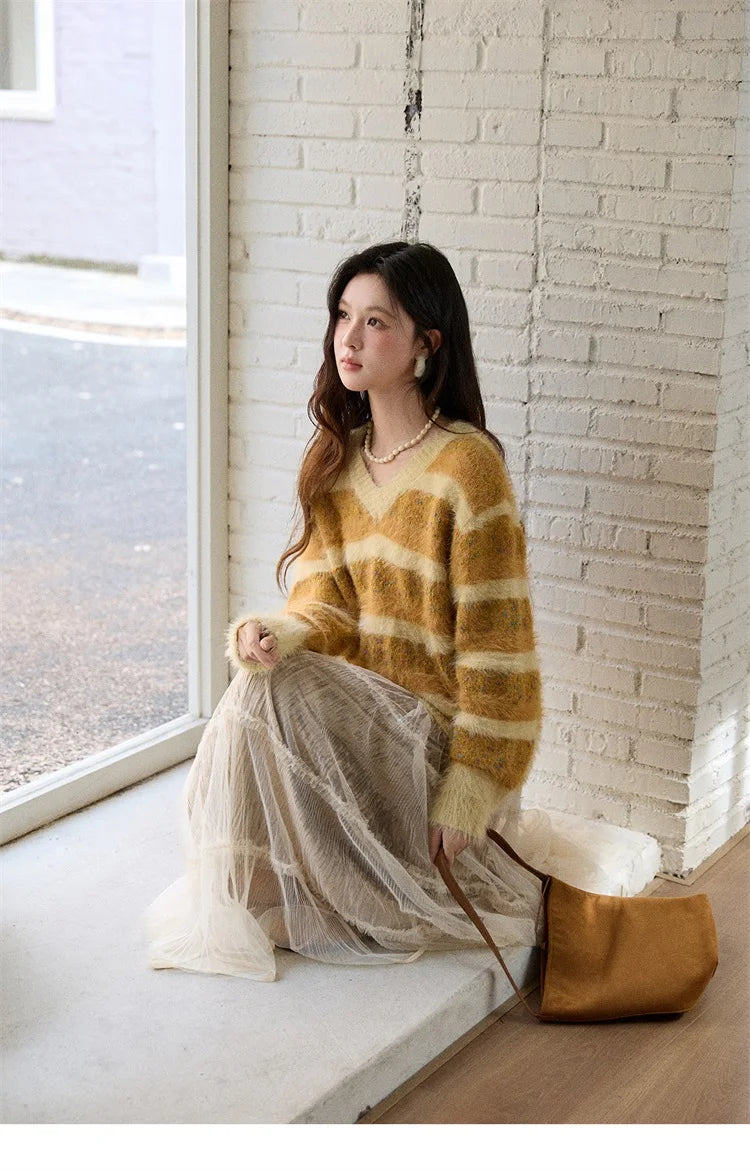 Mishow Retro Yellow Striped Faux Mink Jacquard Sweater MXE87Z2766