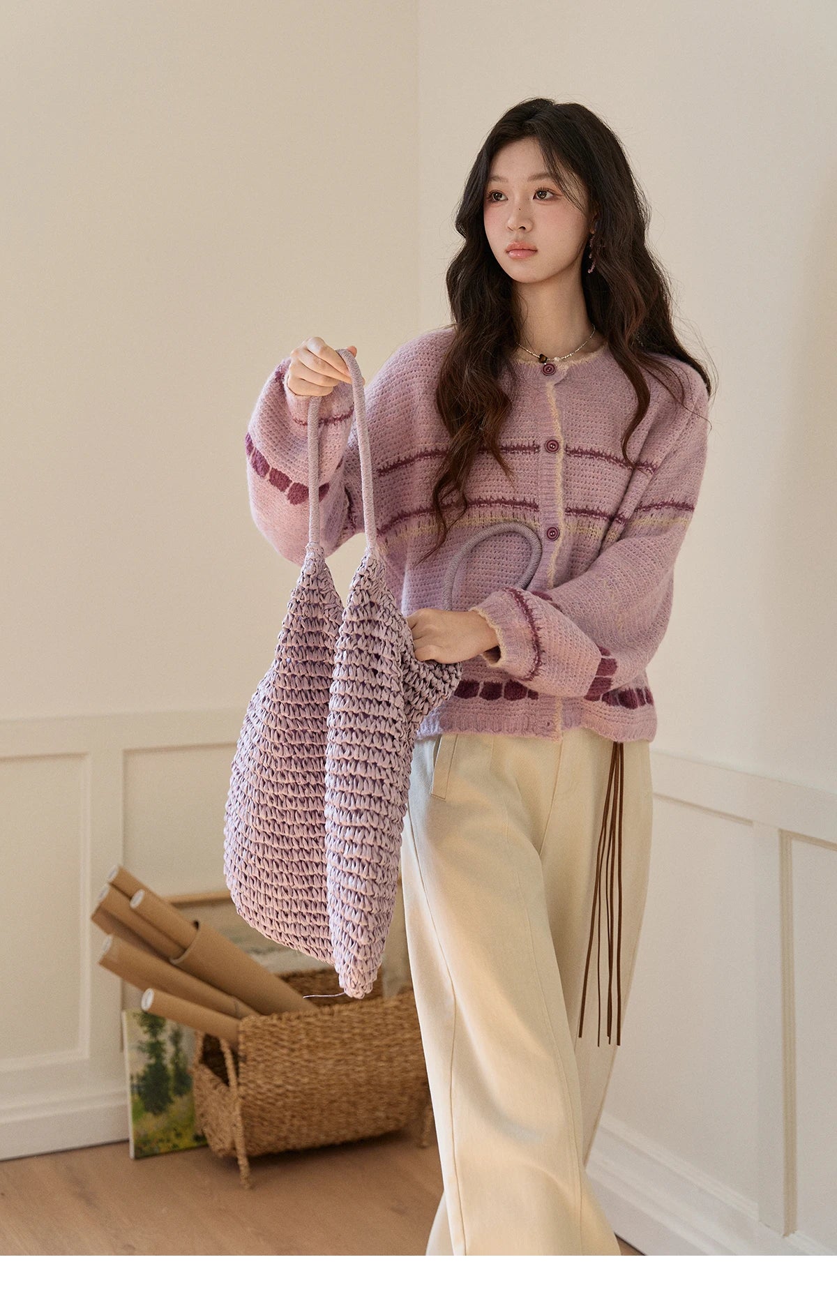 Mishow Lilac Striped Dot Crew Neck Cardigan MXF11Z2897