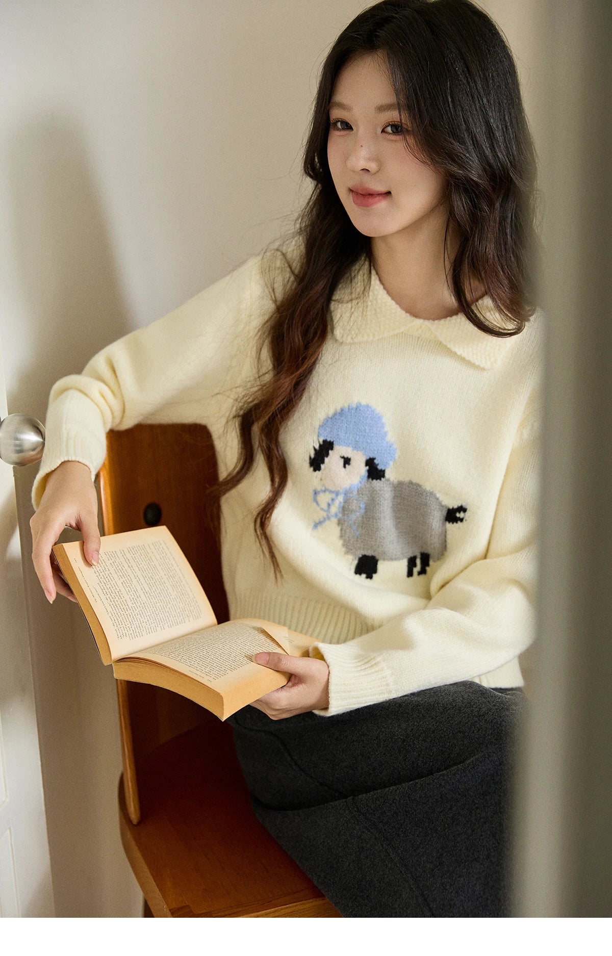 Mishow Beige Sheep Pattern Round Collar Sweater MXE94Z2962