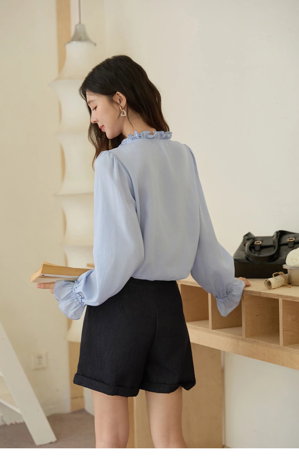MISHOW 100% Lyocell Blue Shirt French Ruffles Ties MXE45X2484