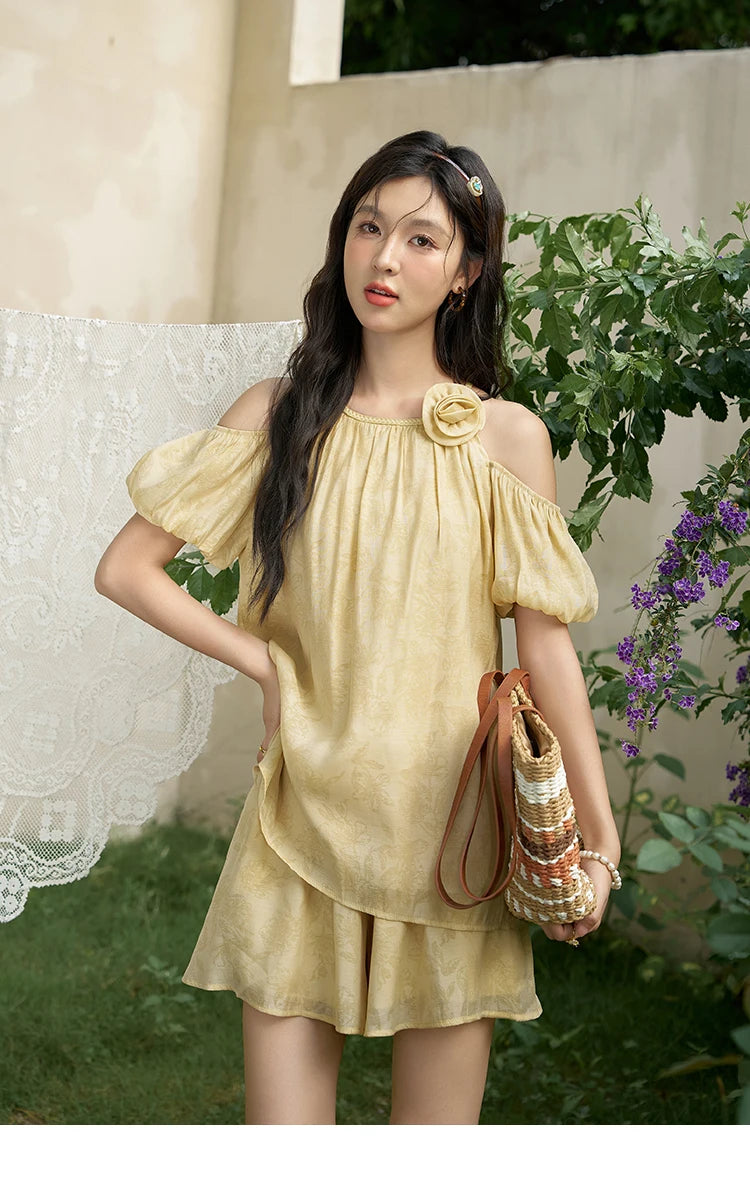 Mishow Off Shoulder Sling Top & Wide Leg Shorts Set MXD24X1523