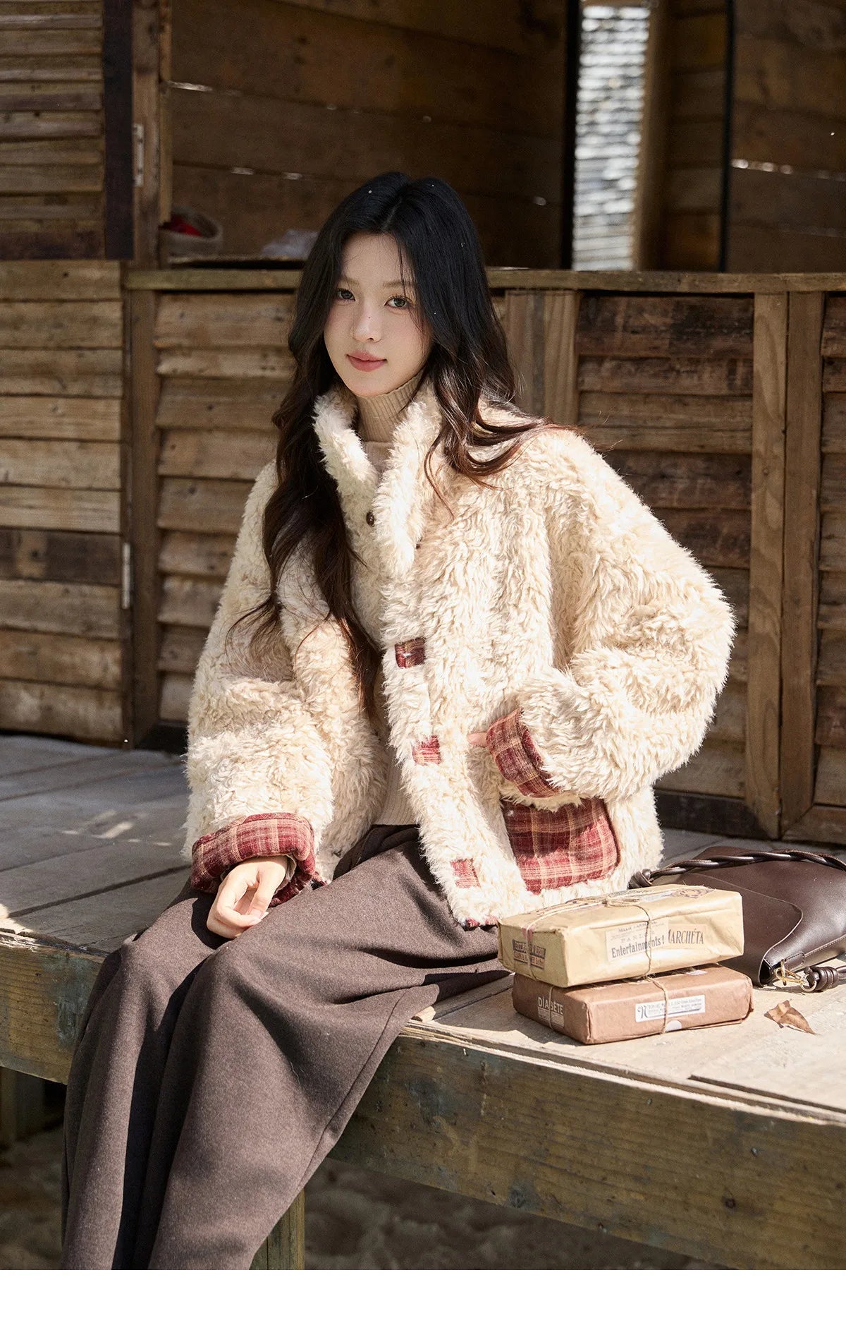 Mishow Reversible Red Plaid Lamb Wool Coat MXE93W1009