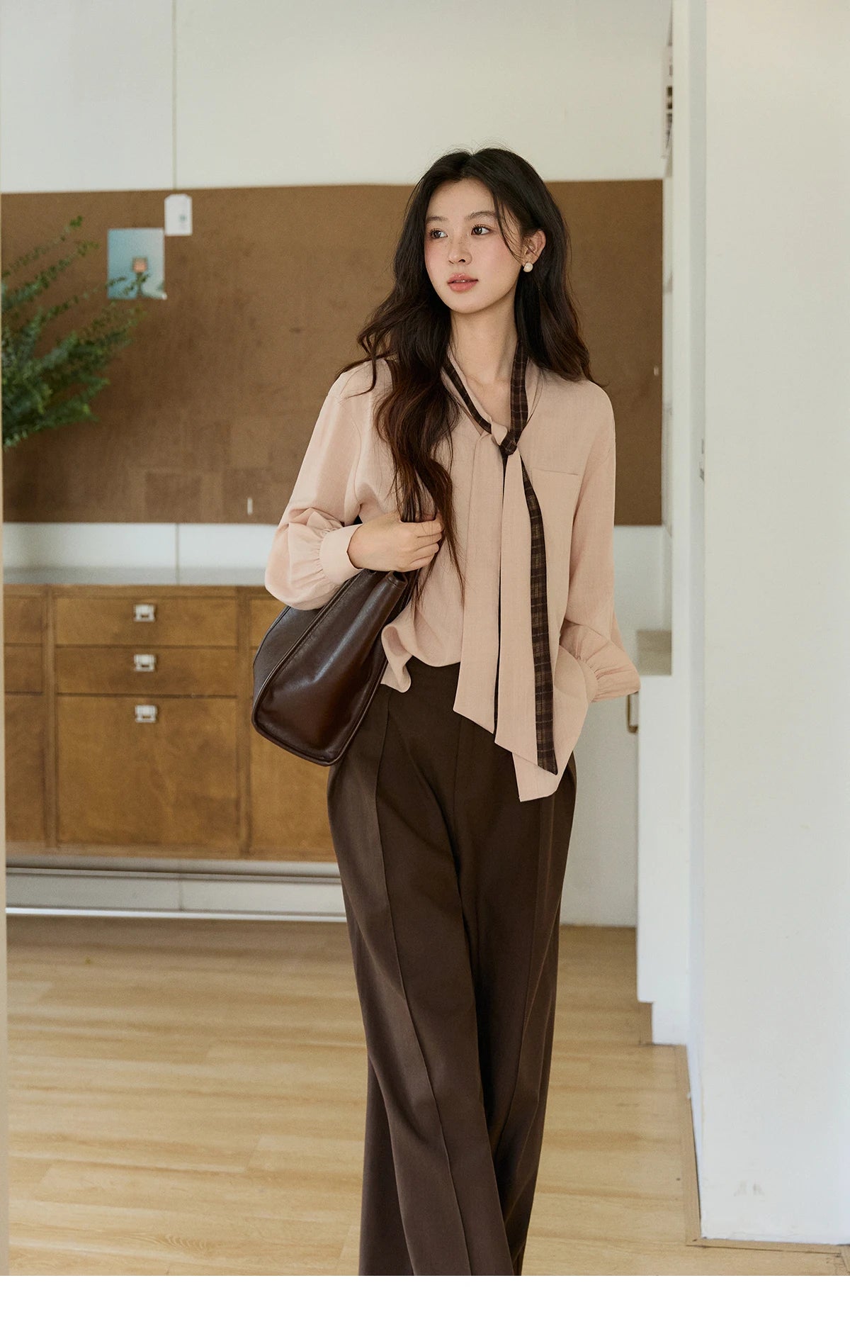 MISHOW Dusty Pink Shirt Plaid Tie Neck Lantern Sleeve MXF108C0817