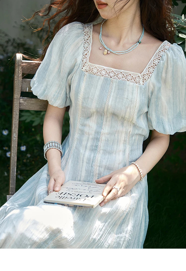 Mishow Striped Square Neck Lace Hollow Dress MXE39L2403