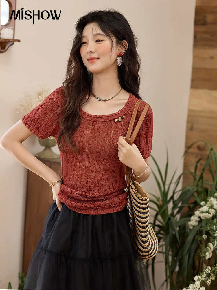 Mishow Retro Red Hollow Bead Knit Tee MXE35Z1271