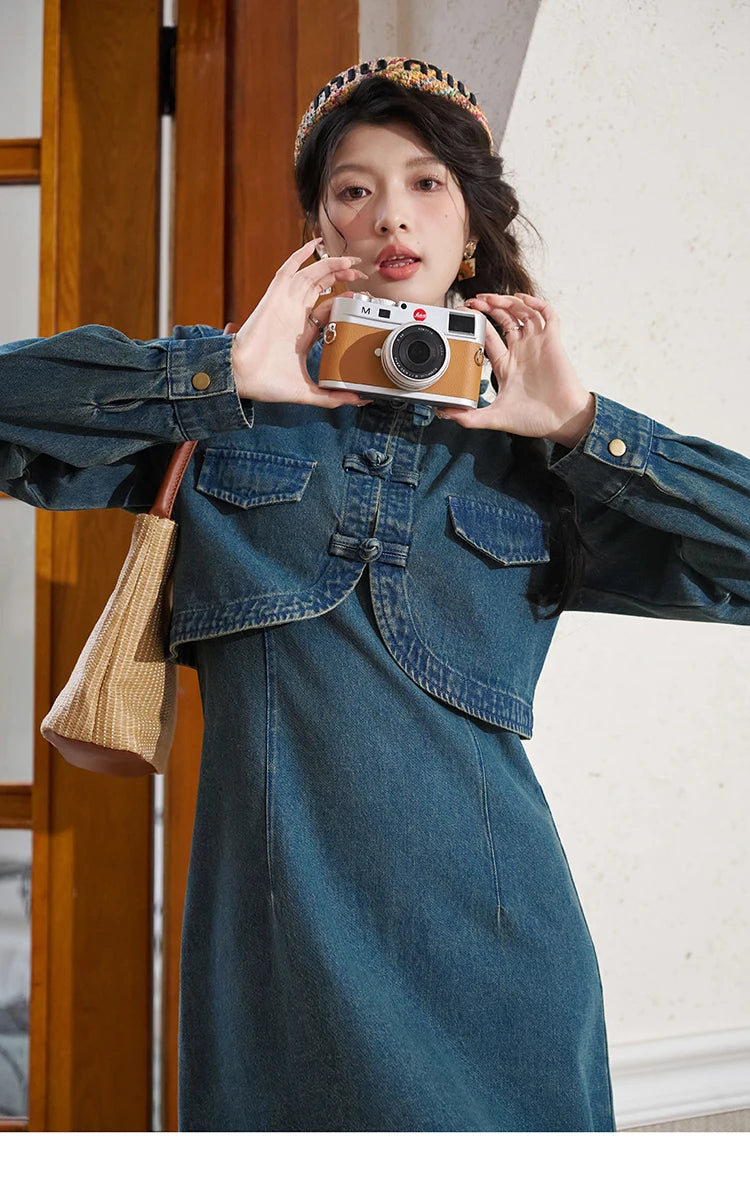 Mishow Retro Chinese Buckle Denim Vest Dress MXD14L1771