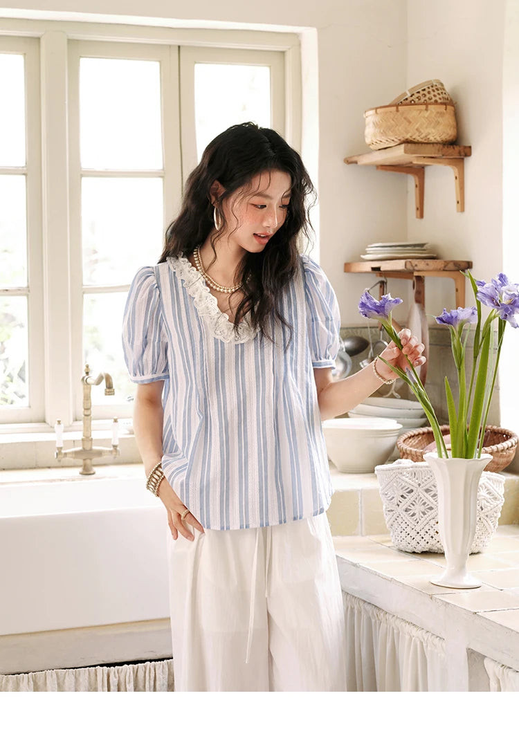 MISHOW Cotton Striped Blouse Lantern Sleeve Lace V-Neck MXE36X1845