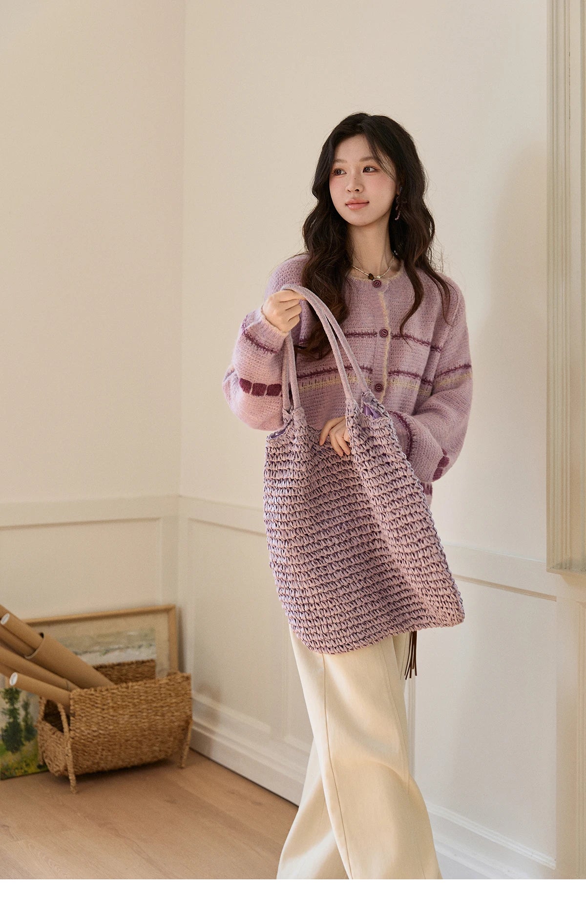 Mishow Lilac Striped Dot Crew Neck Cardigan MXF11Z2897
