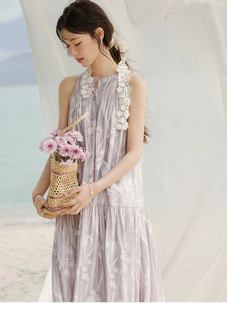 Mishow Purple Print Chiffon Stand Collar Dress MXE32L2163