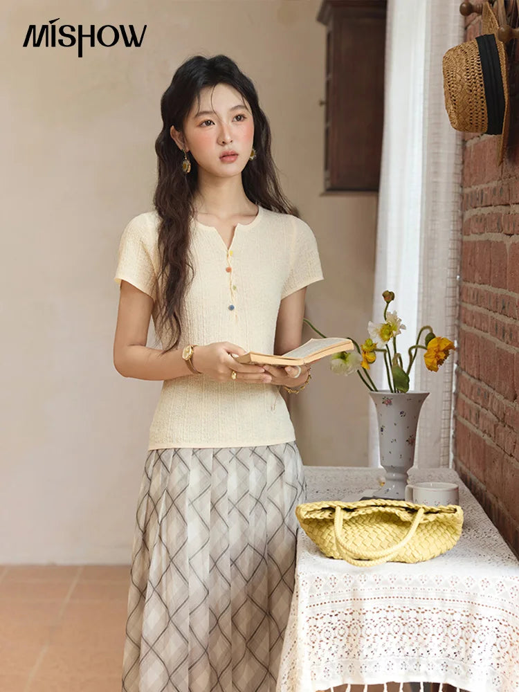 MISHOW Apricot Green Retro Plaid Skirt Pleated Chiffon High Waist A-Line MXE35B0747