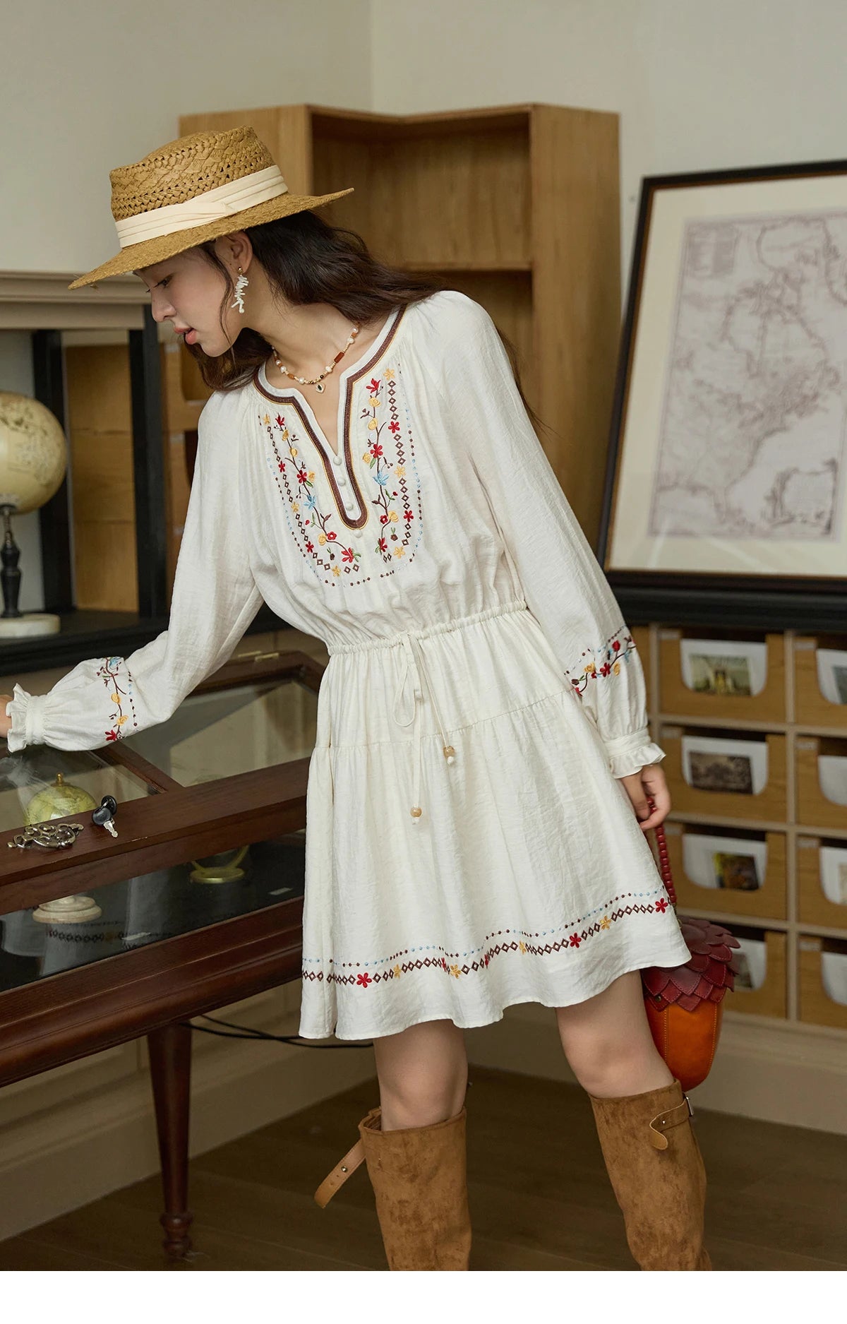 Mishow V-Neck Embroidered Drawstring Bohemian Dress MXE44L2489