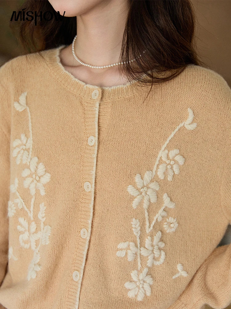 Mishow Camel Floral Embroidery Crew Neck Cardigan MXF11Z2896