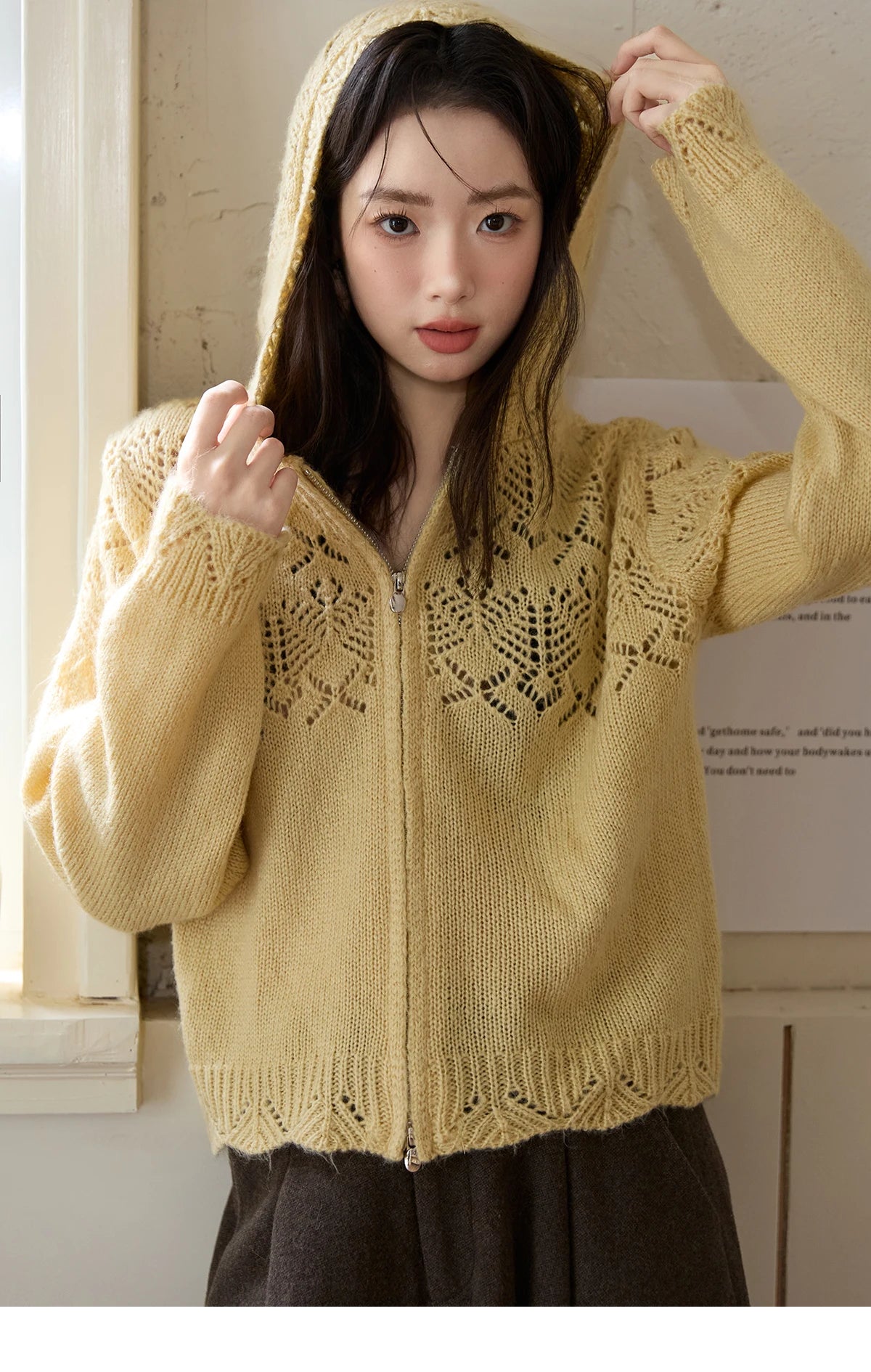 Mishow Yellow Hooded Zipper Hollow Cardigan MXE46Z2584