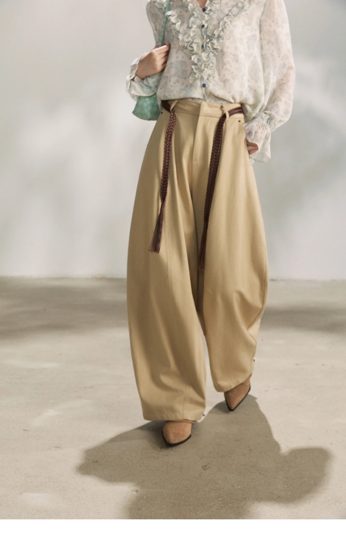 MISHOW Khaki Wide Leg Pants High Waist Belted Rear Pocket MXF13K1237