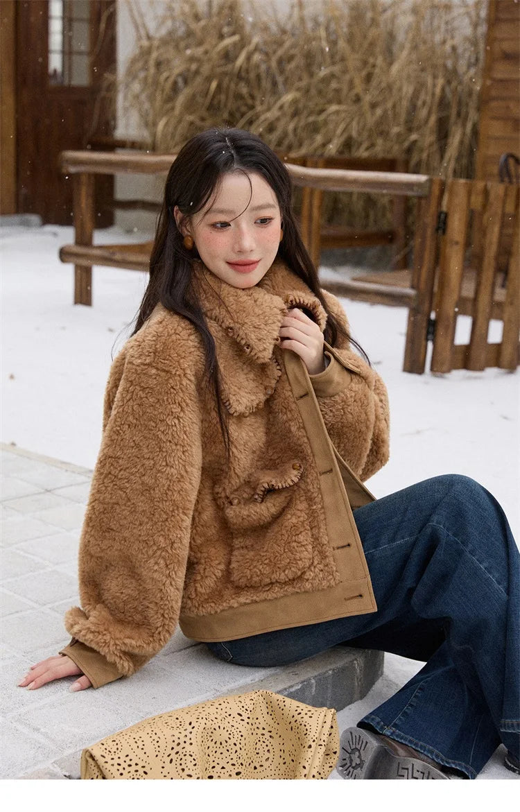 MISHOW Faux Lambskin Coat Turn-Down Collar Brown Loose MXE89W0896