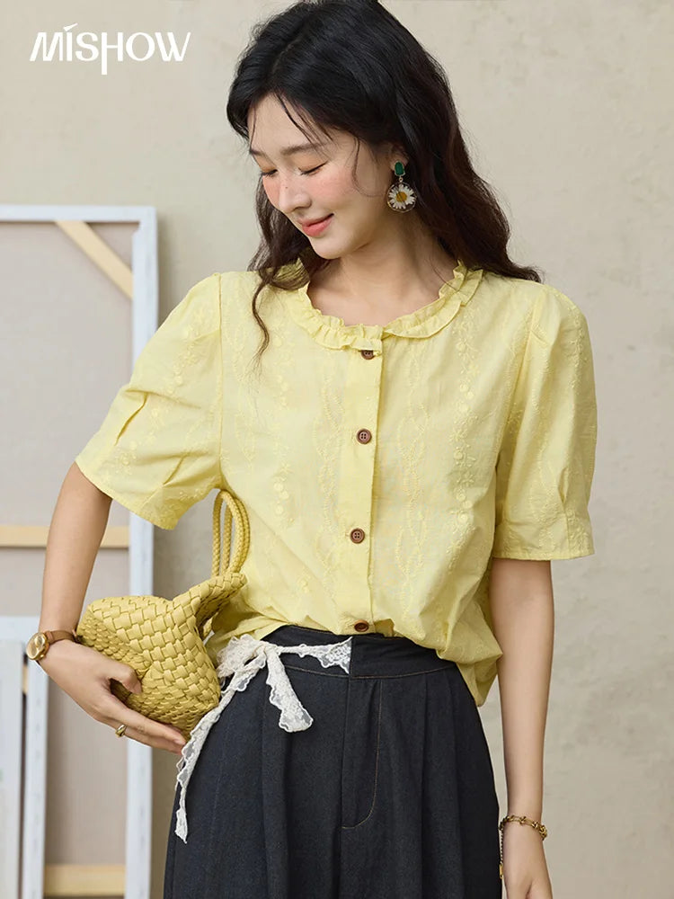 MISHOW 100% Cotton Puff Sleeve Shirt Round Neck Button MXE36X1873