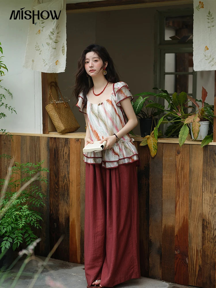 MISHOW Red Wide Leg Pants High Waist Pocket Elastic MXE38K0952