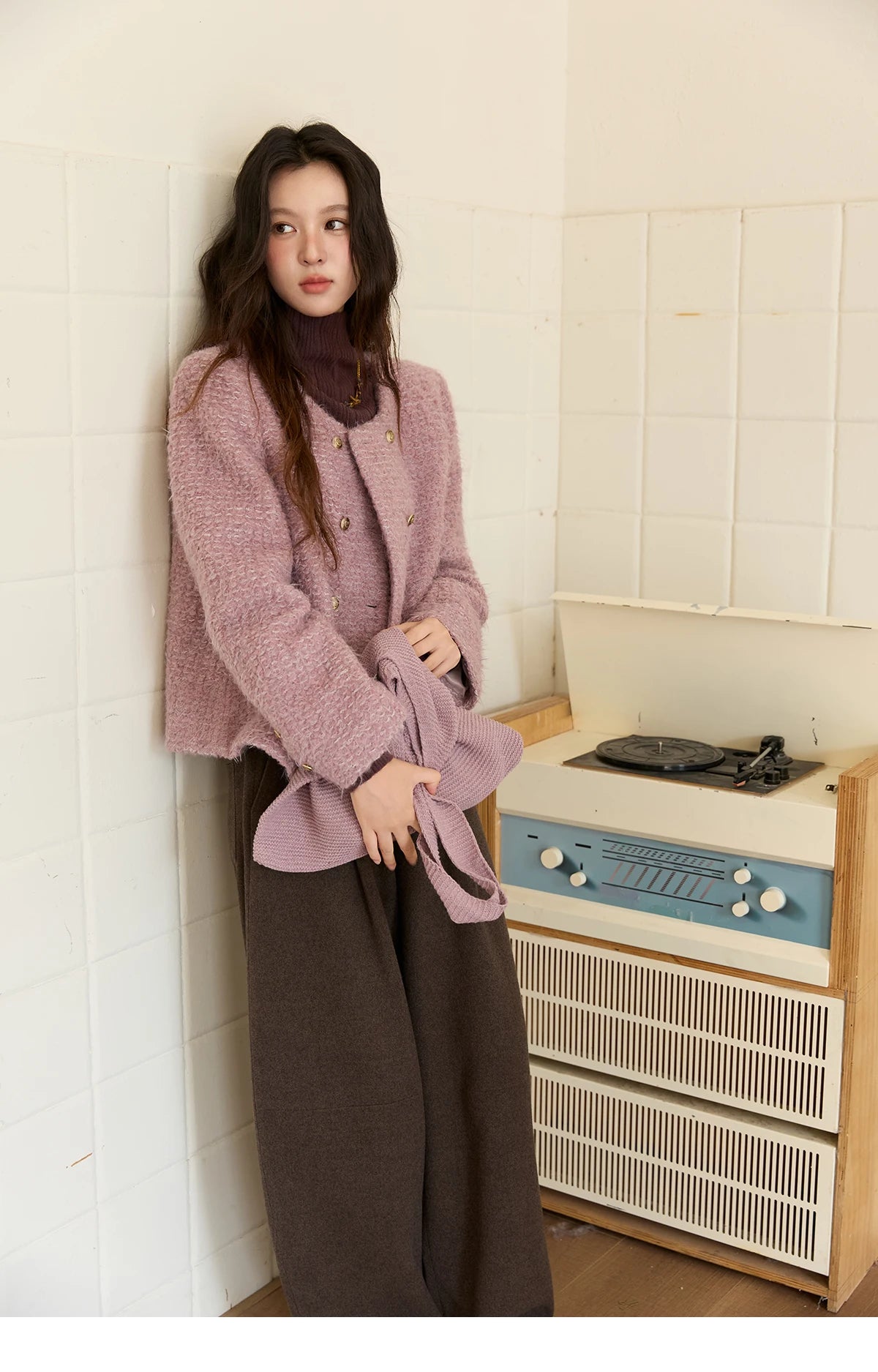 Mishow Purple Double-Breasted Tweed Wool Coat MXE88W0881