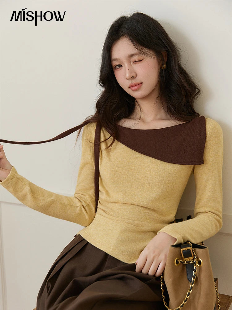 Mishow Yellow Brown Contrast Oblique Collar Knit Top MXF11Z2911