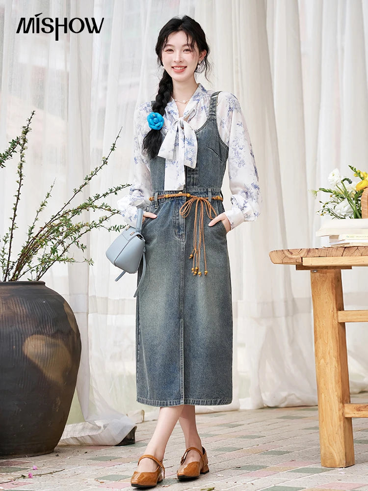 MISHOW Retro Denim Strap Pocket Midi Dress MXD14L1817