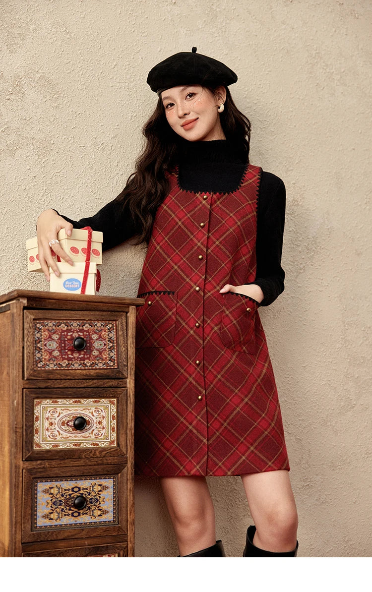 Mishow Plaid Square Neck Woolen Vest Dress MXD58L2078
