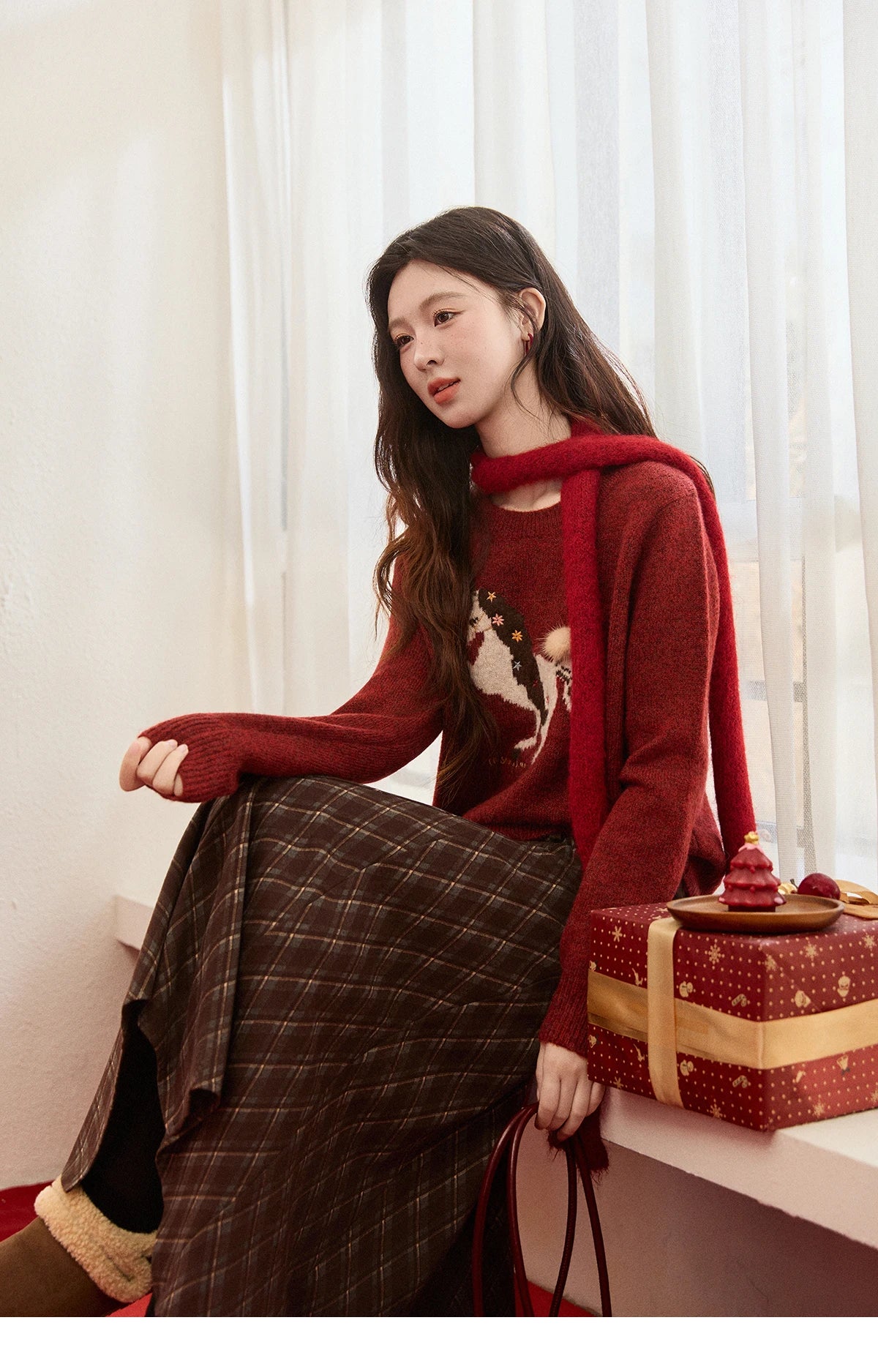 Mishow Christmas Red Jacquard Pony Sweater MXE94Z2861