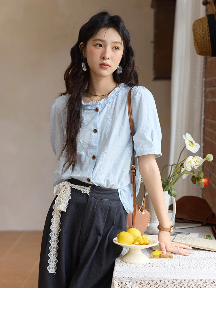 MISHOW 100% Cotton Puff Sleeve Shirt Round Neck Button MXE36X1873