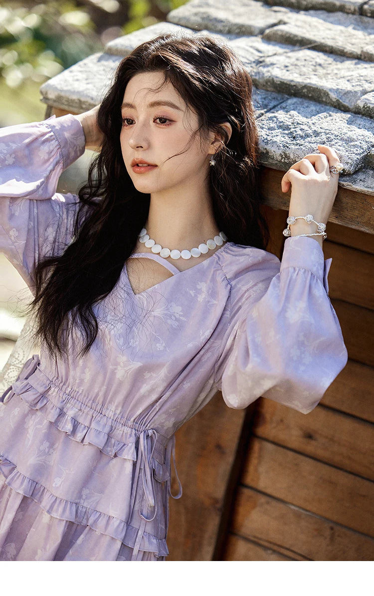 Mishow Black Fungus Edge Floral Lace-Up Cake Dress MXE13L2101
