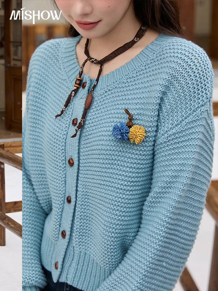 Mishow Blue Crew Neck Pompom Decor Cardigan MXE51Z2551