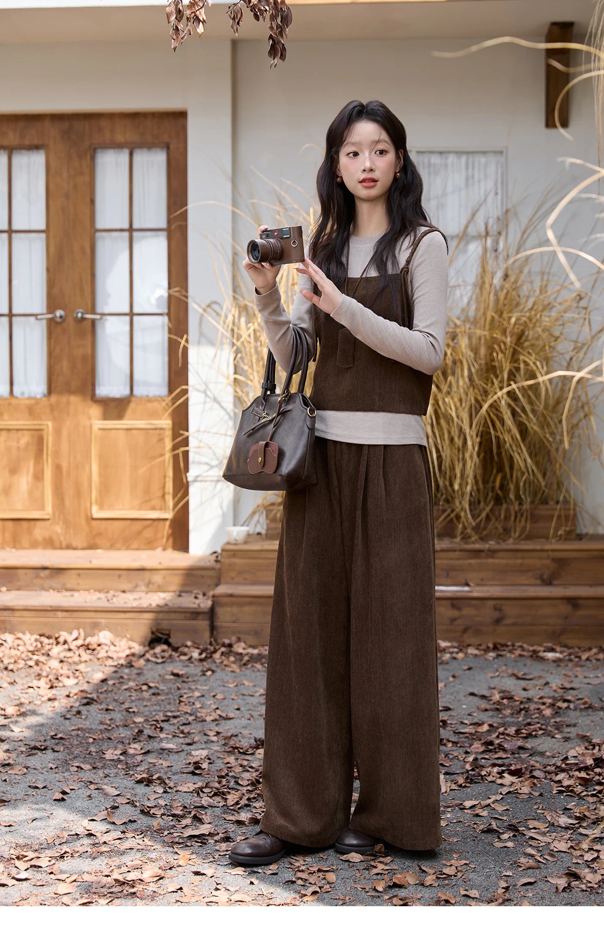 Mishow Brown Vest & Gray Top & Wide Leg Pants 3-Piece Set MXE49T1422