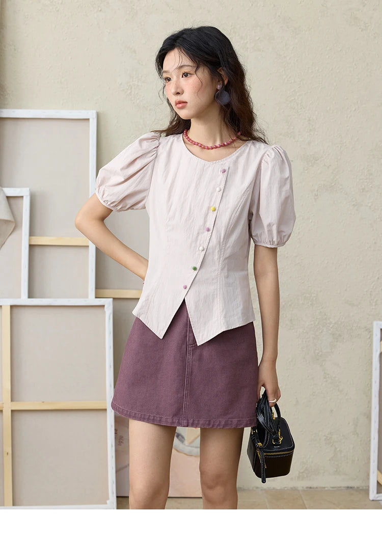 MISHOW Bubble Sleeve Blouse Irregular Placket Rainbow Buttons MXE34X1782