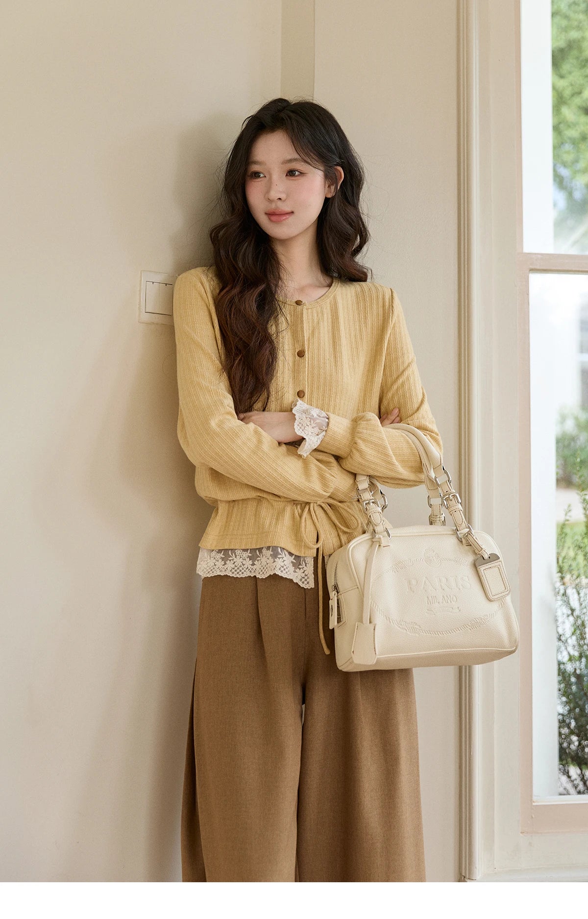 Mishow Yellow Ribbed Lace Trim Drawstring Cardigan MXF11Z2919