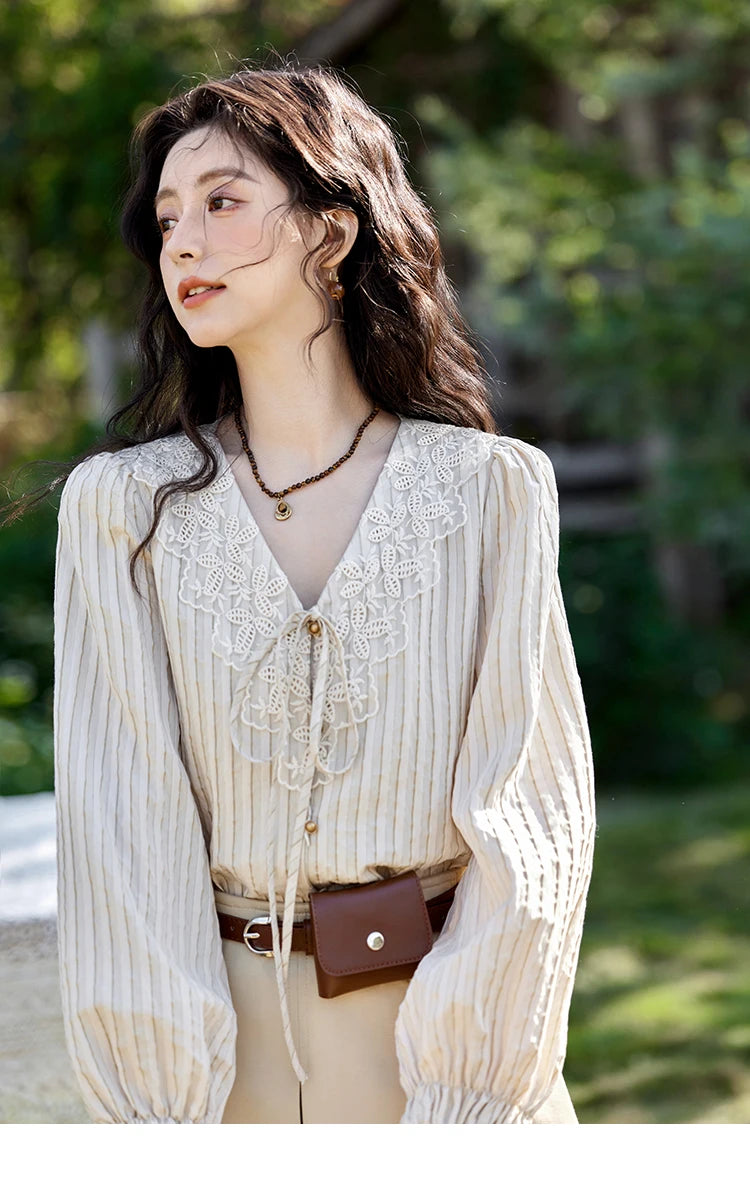 MISHOW French Retro V-Neck Shirt Lace Up Striped Embroidered MXE12X1715