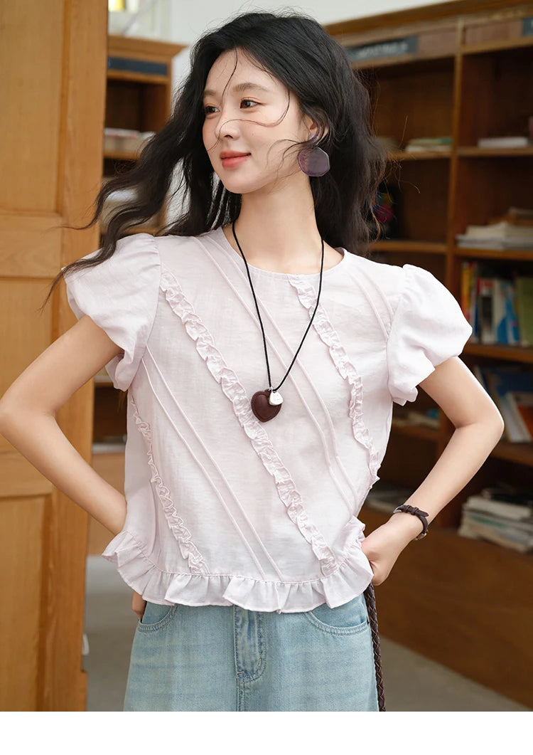 MISHOW Fungus Edge Puff Sleeve Blouse O-Neck Loose MXE39X1941