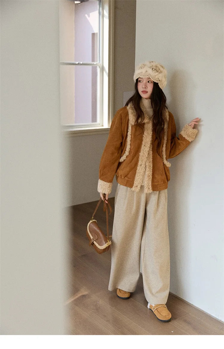 MISHOW Retro Brown Suede Jacket Patchwork Fur Turn Down Collar MXE89W0895