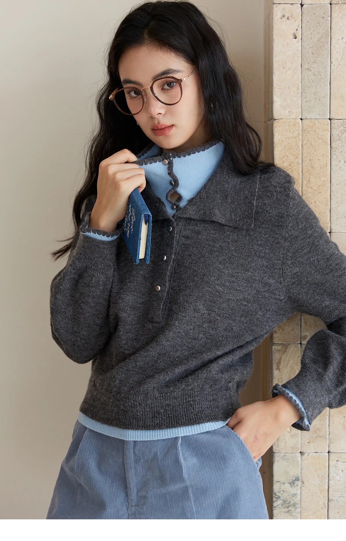 Mishow Double-Layer Turn-Down Collar Loose Sweater MXE45Z2502