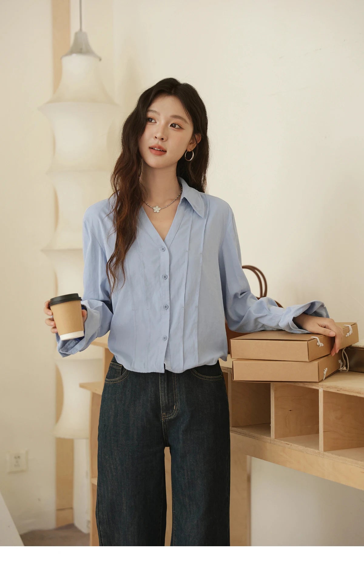 MISHOW Blue Peach Skin Velvet Shirt Lapel V-Neck Pleated Cuffs MXE44C2392