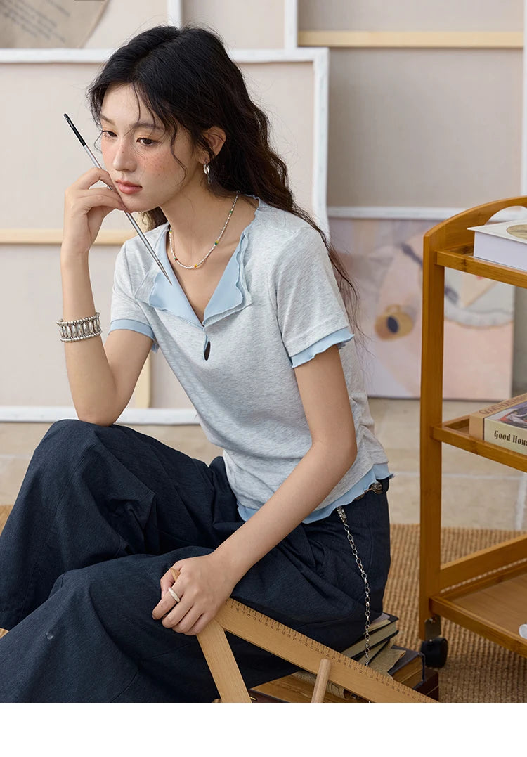 Mishow Grey Blue Fake Two-Piece Wavy Edge Tee MXE35T0567