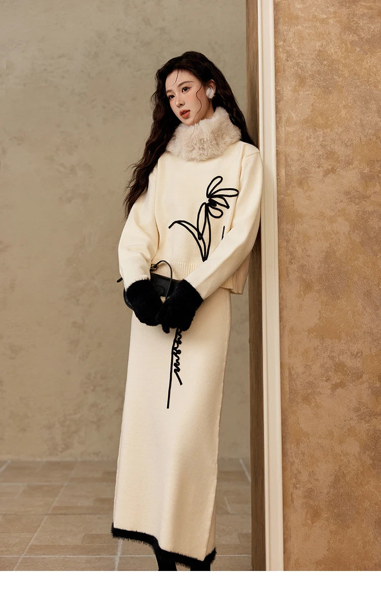 Mishow French Embroidered Knit Top & High Waist Midi Skirt Set MXD57T0463