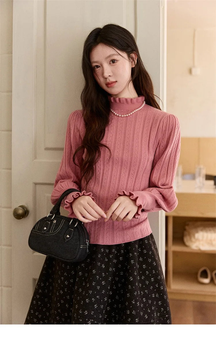 Mishow Half Turtleneck Ruffle Lantern Sleeve Top MXE93Z2810