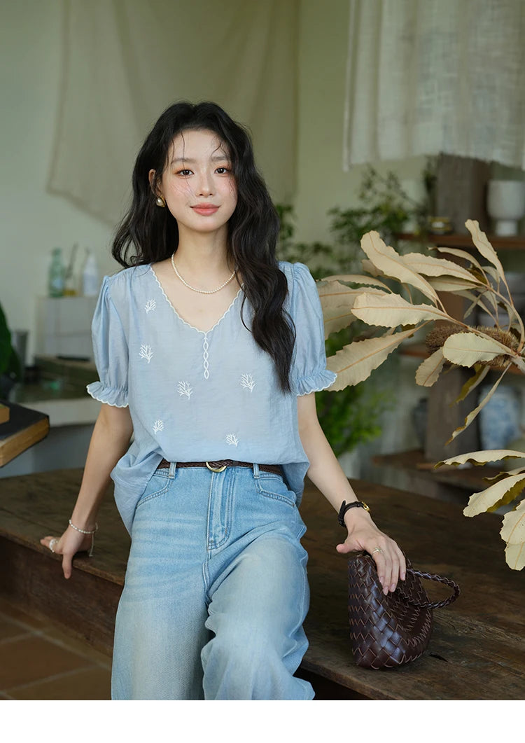 MISHOW Coral Embroidery Blouse V-Neck Puff Sleeve MXE37X1850
