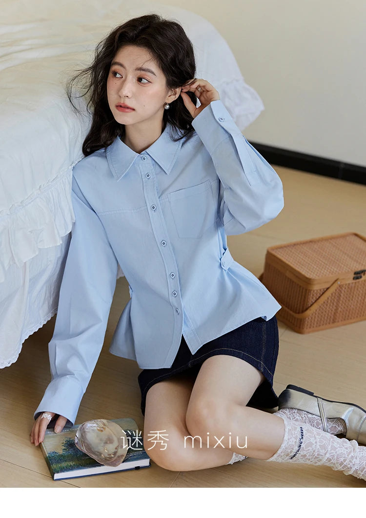 MISHOW Women's French Blue Shirt Polo Collar Waist Pocket MXE14C0753