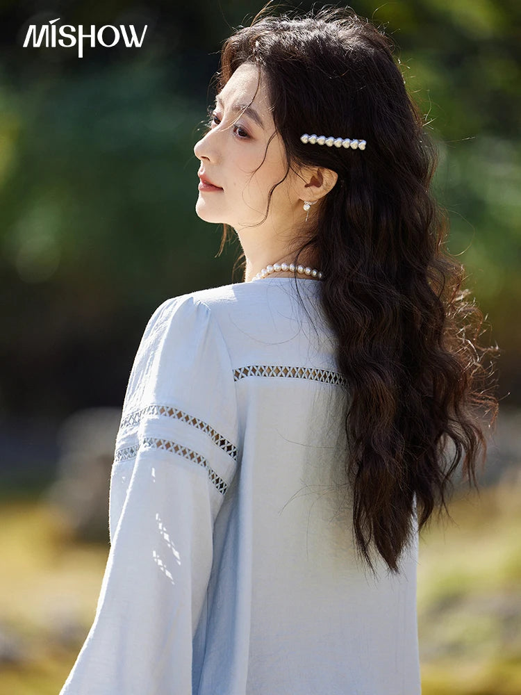 MISHOW Blue V-Neck Shirt Lace-Up Hollow Lantern Sleeve MXE12C0411